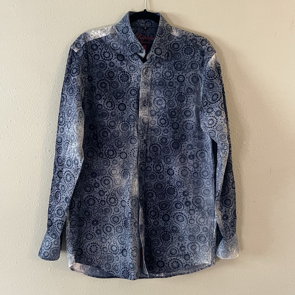 Luciano Visconti Men's Medium Blue Geometric Print Button Front Shirt Cotton